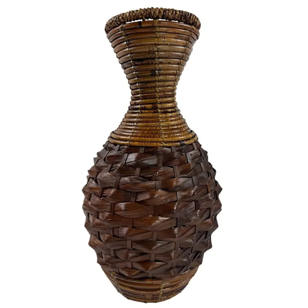 Vintage 90s Handwoven Rattan Wicker Vase 15” Brown Boho Basket Decor